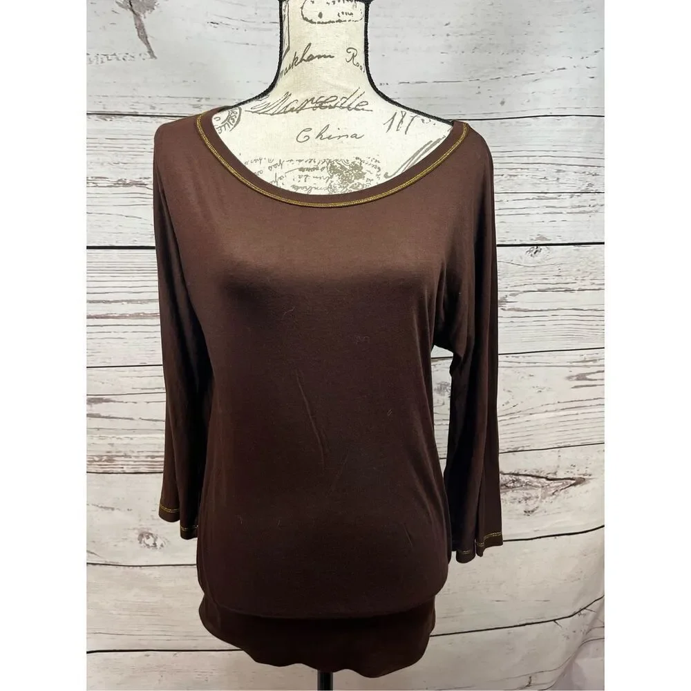 Splendid Brown Long Sleeve Cotton‎ Modal Blend Top XSmall Gold Trim Scoop Neck