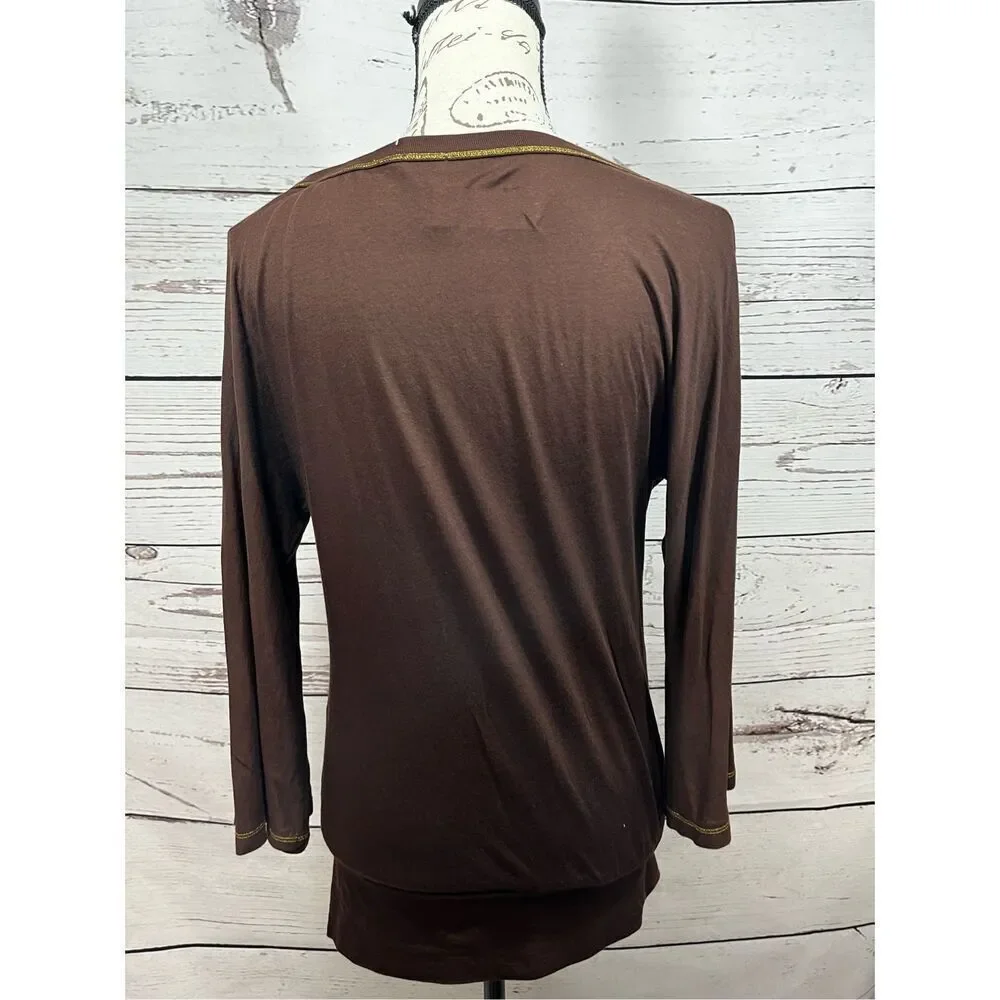 Splendid Brown Long Sleeve Cotton‎ Modal Blend Top XSmall Gold Trim Scoop Neck