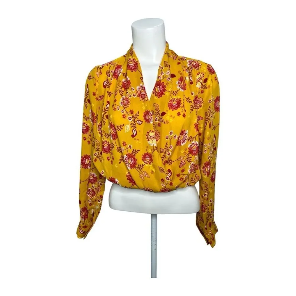 PROJECT 28 NYC Yellow Floral Print Faux‎ Wrap Top S Small Mustard NWT