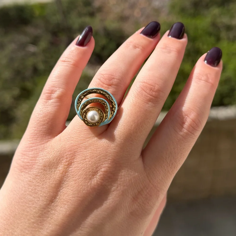 Blue Spiral Ring with Pearl Accent
