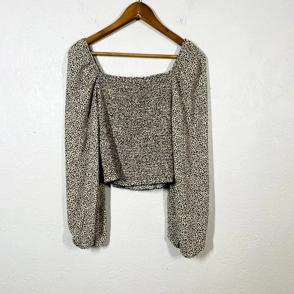 Hesperus Long Sleeve Crop Blouse Puff Sleeve Half Shirt Ruched - L