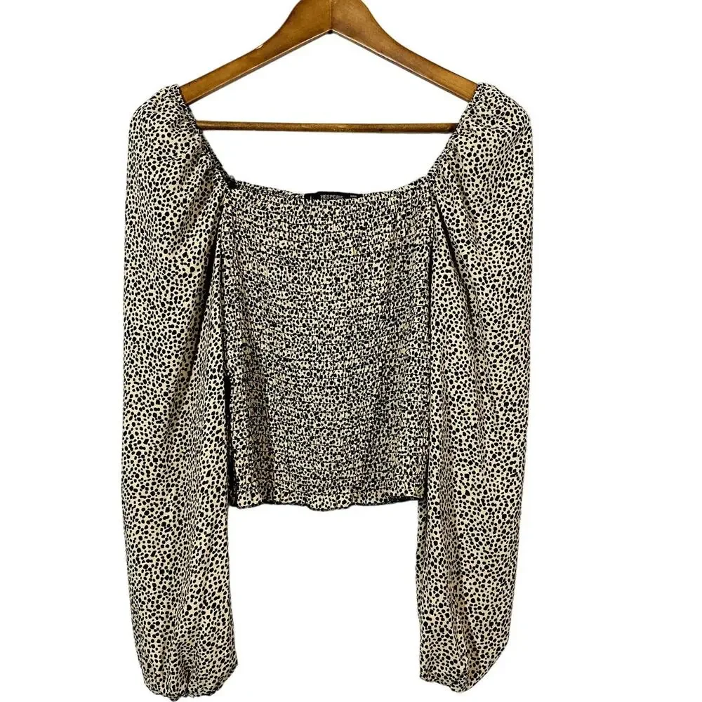 Hesperus Long Sleeve Crop Blouse Puff Sleeve Half Shirt Ruched - L