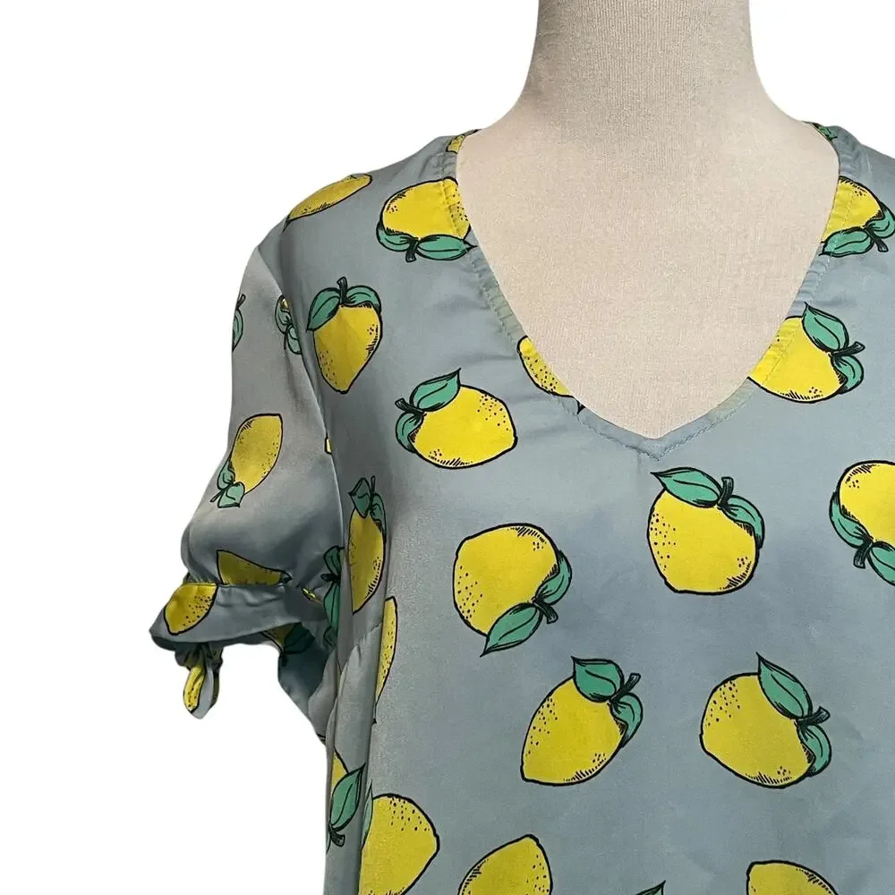Modcloth Lemon Top Womens Medium Light Blue & Yellow V-Neck Novelty