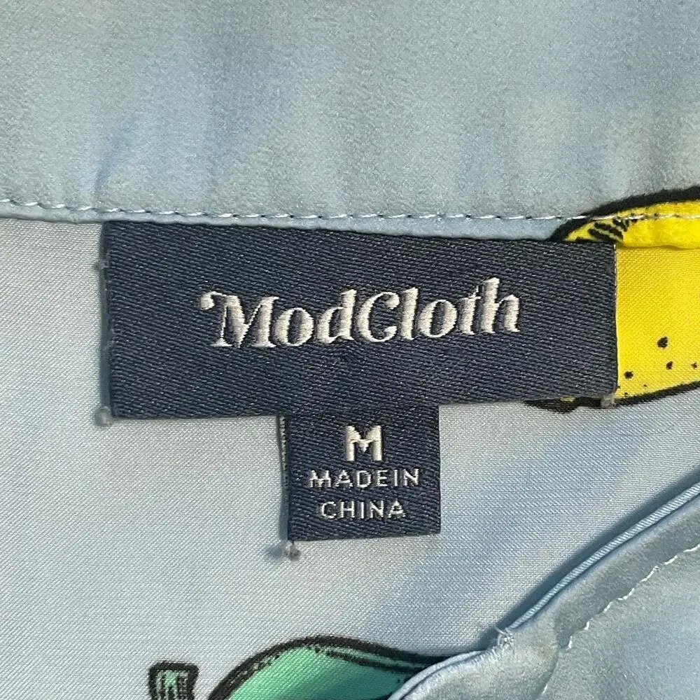 Modcloth Lemon Top Womens Medium Light Blue & Yellow V-Neck Novelty