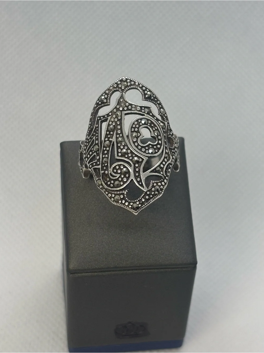 Sterling Silver Filigree Marcasite Cocktail Ring - Silver