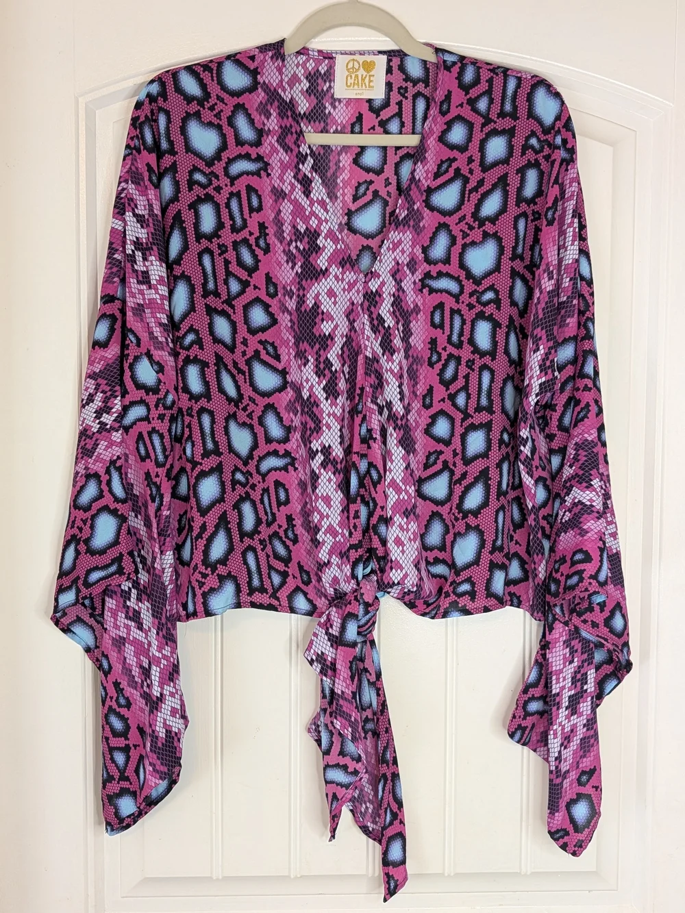 Peace Love Cake Bold Snake Print Patterned Tie Front Blouse Flared Sleeves