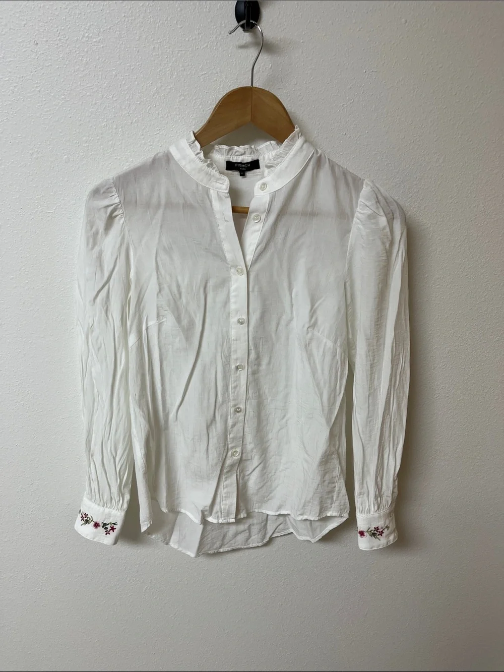 FRNCH White Button-Down Blouse with Ruffle Neck and embroidered detail