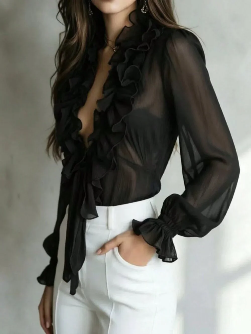 Black Elegant Women's Loose Plain Ruffle V-Neck Tie-Front Draped Blouse