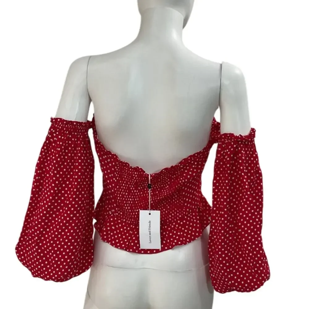 Lovers And Friends Smocked Red White Dot Arianna Blouse Size S NWT