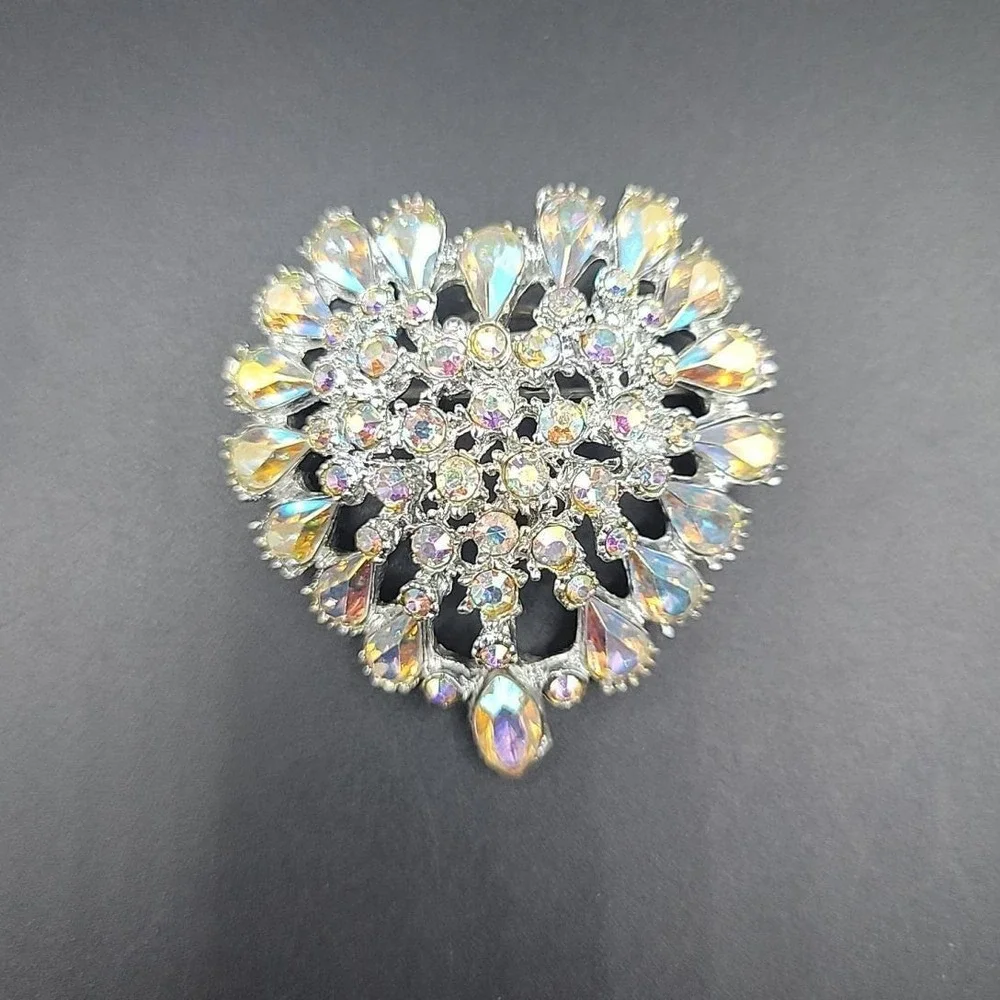 Vintage Silver‎ Tone Aurora Borealis AB Rhinestone Heart Brooch Pendant 1.75in