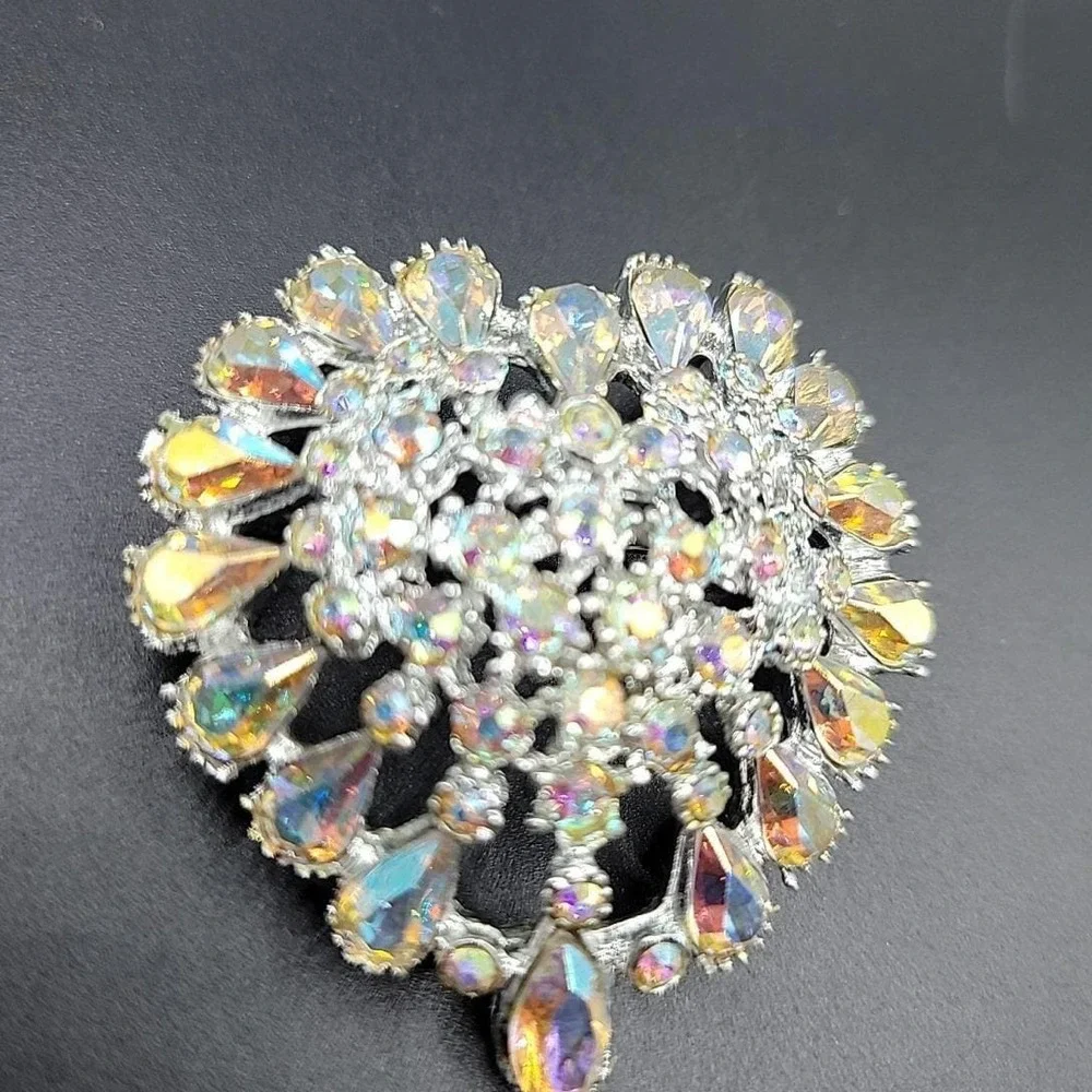 Vintage Silver‎ Tone Aurora Borealis AB Rhinestone Heart Brooch Pendant 1.75in