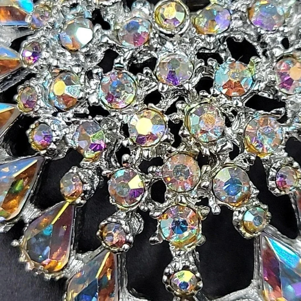 Vintage Silver‎ Tone Aurora Borealis AB Rhinestone Heart Brooch Pendant 1.75in