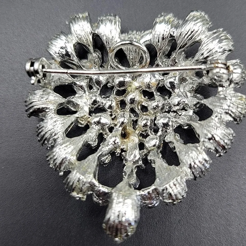 Vintage Silver‎ Tone Aurora Borealis AB Rhinestone Heart Brooch Pendant 1.75in