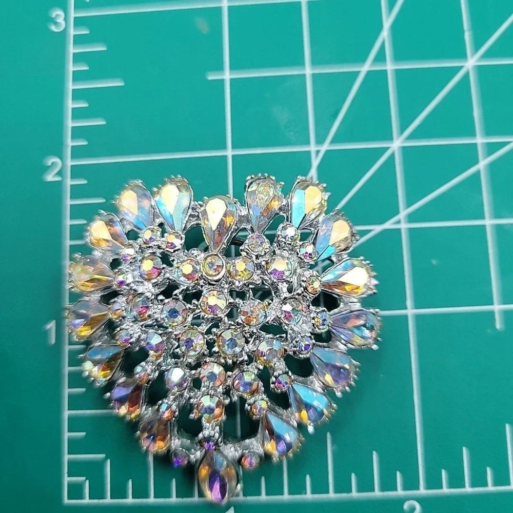 Vintage Silver‎ Tone Aurora Borealis AB Rhinestone Heart Brooch Pendant 1.75in