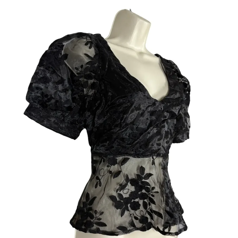 NEW! Lulus Sheer Lace Crop Formal Blouse Top Tie Front Black Formal Floral - S