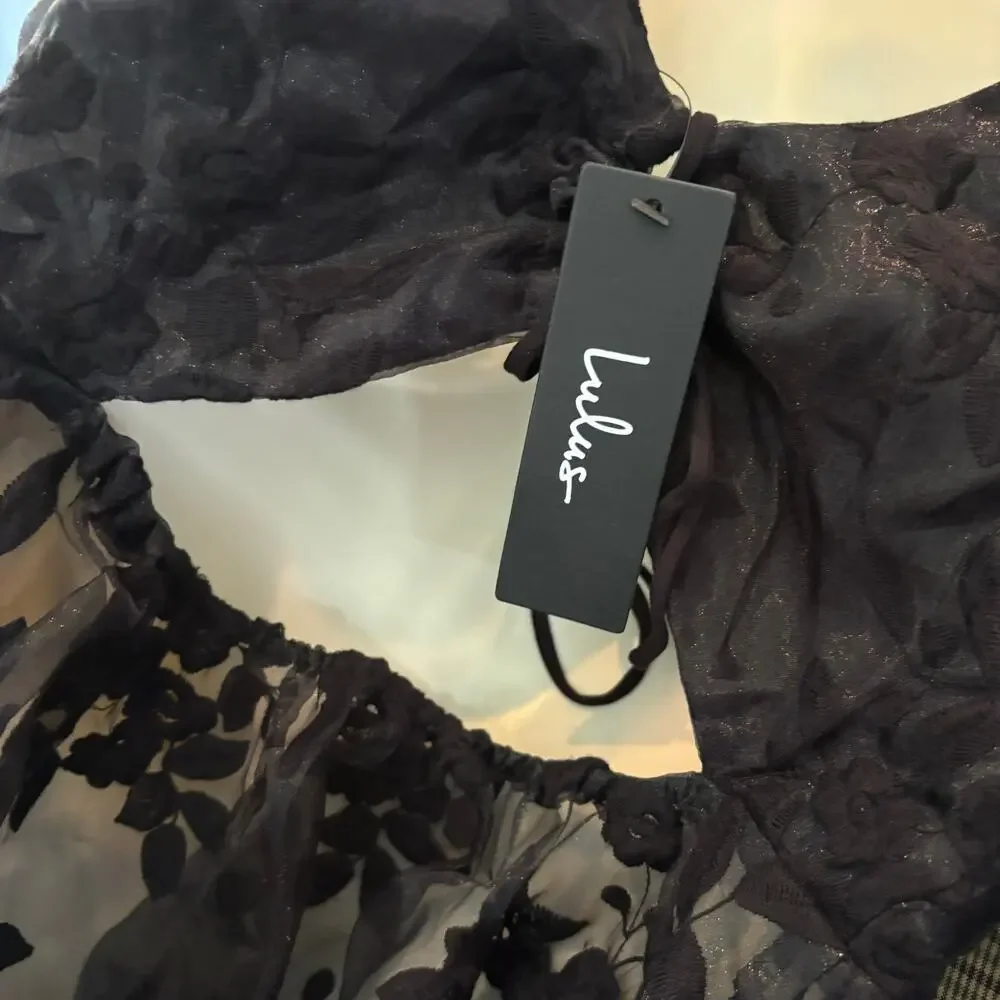 NEW! Lulus Sheer Lace Crop Formal Blouse Top Tie Front Black Formal Floral - S