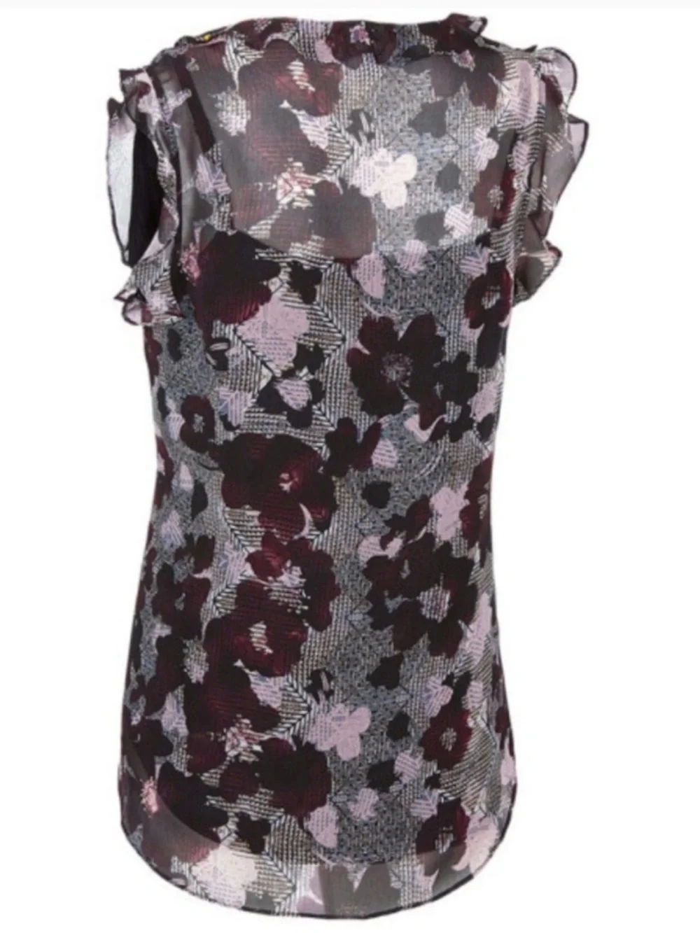 CAbi Weaver Purple Floral Print Ruffle Cap Sleeve Blouse with Cami XS Style 3618
