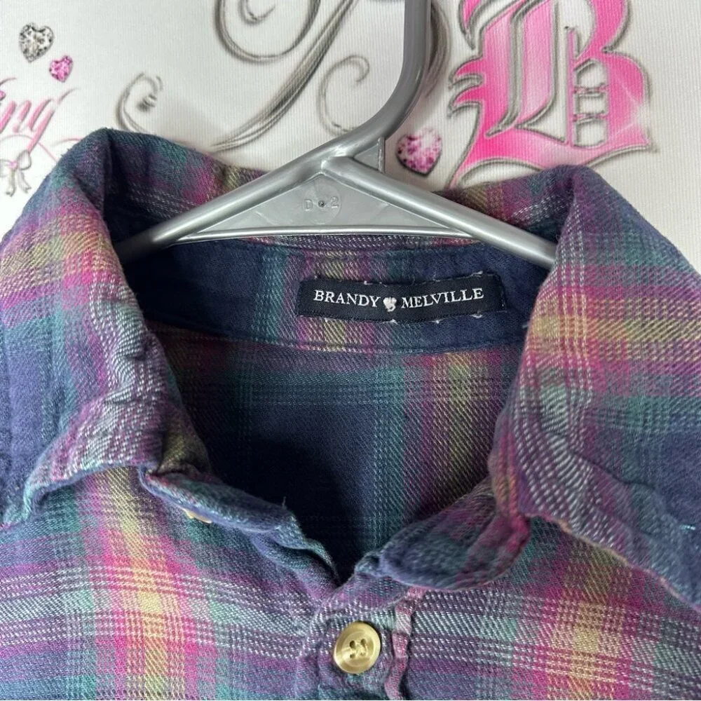 Brandy Melville button up plaid shirt purple blue pink buttons cute western