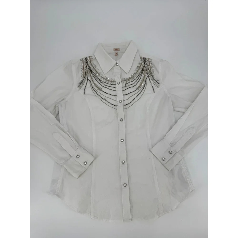 Y2K Reba Western Shirt Womens‎ Medium White Rhinestone Chain Cotton Pearl Snap