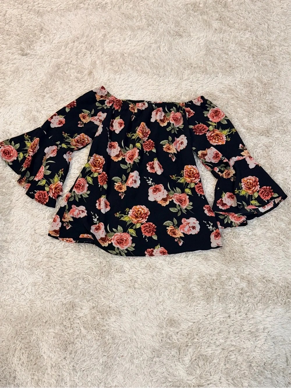 Off-Shoulder Black Floral Bell-Sleeve Top - M