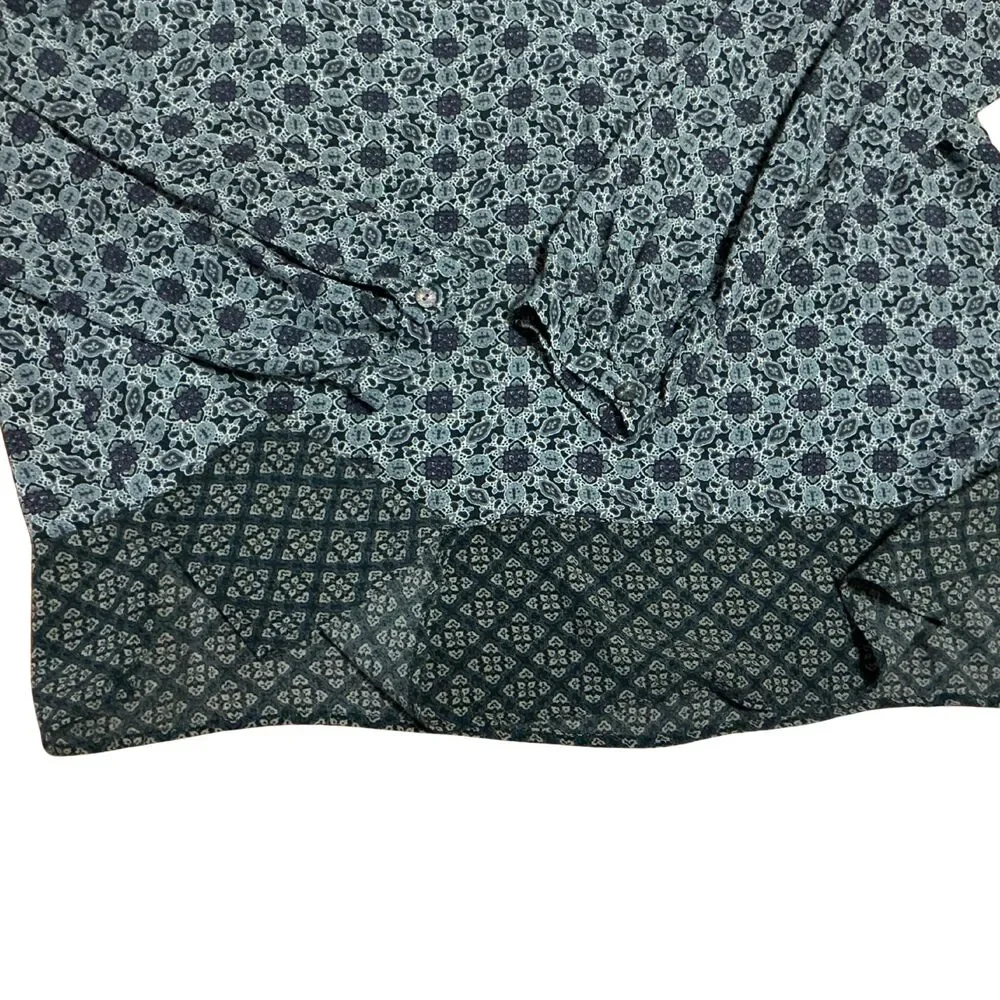 J Jill Womens Top Med Blue Geometric Boho Split Neck Long Sleeve Rayon Blouse