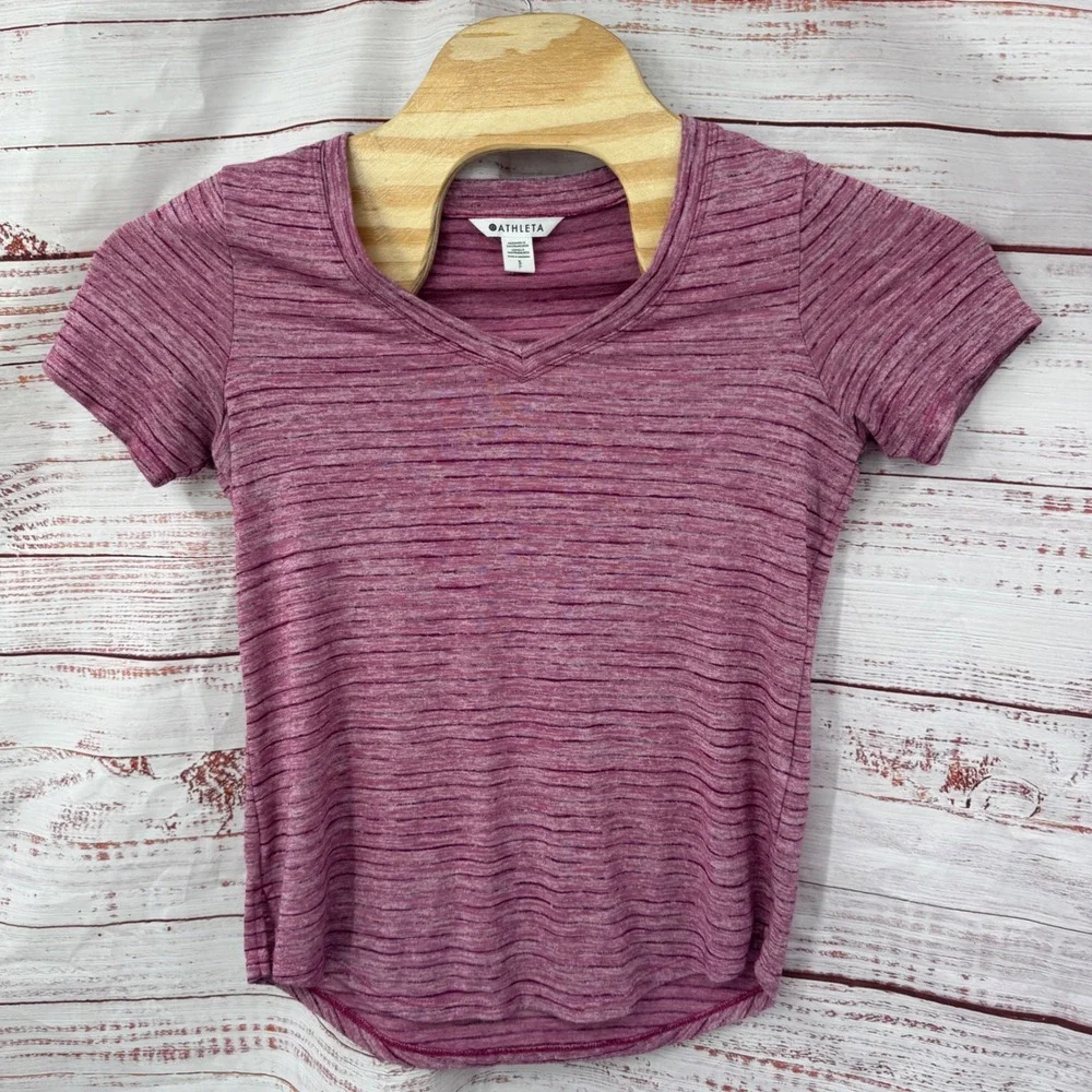 Athleta Shirt Size‎ Small Breezy Scoop V Neck Tee Heathered Pink Striped Casual