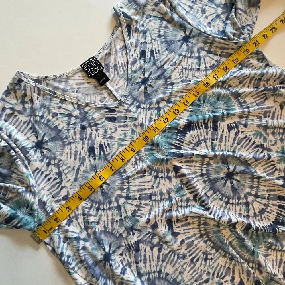 Clara Sun Woo Spring Print Tunic Womens Large Blue Burst High Low Top Lagenlook