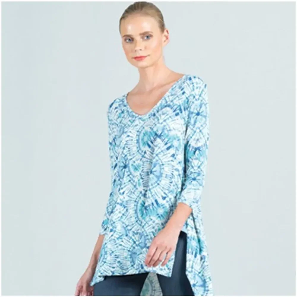 Clara Sun Woo Spring Print Tunic Womens Large Blue Burst High Low Top Lagenlook