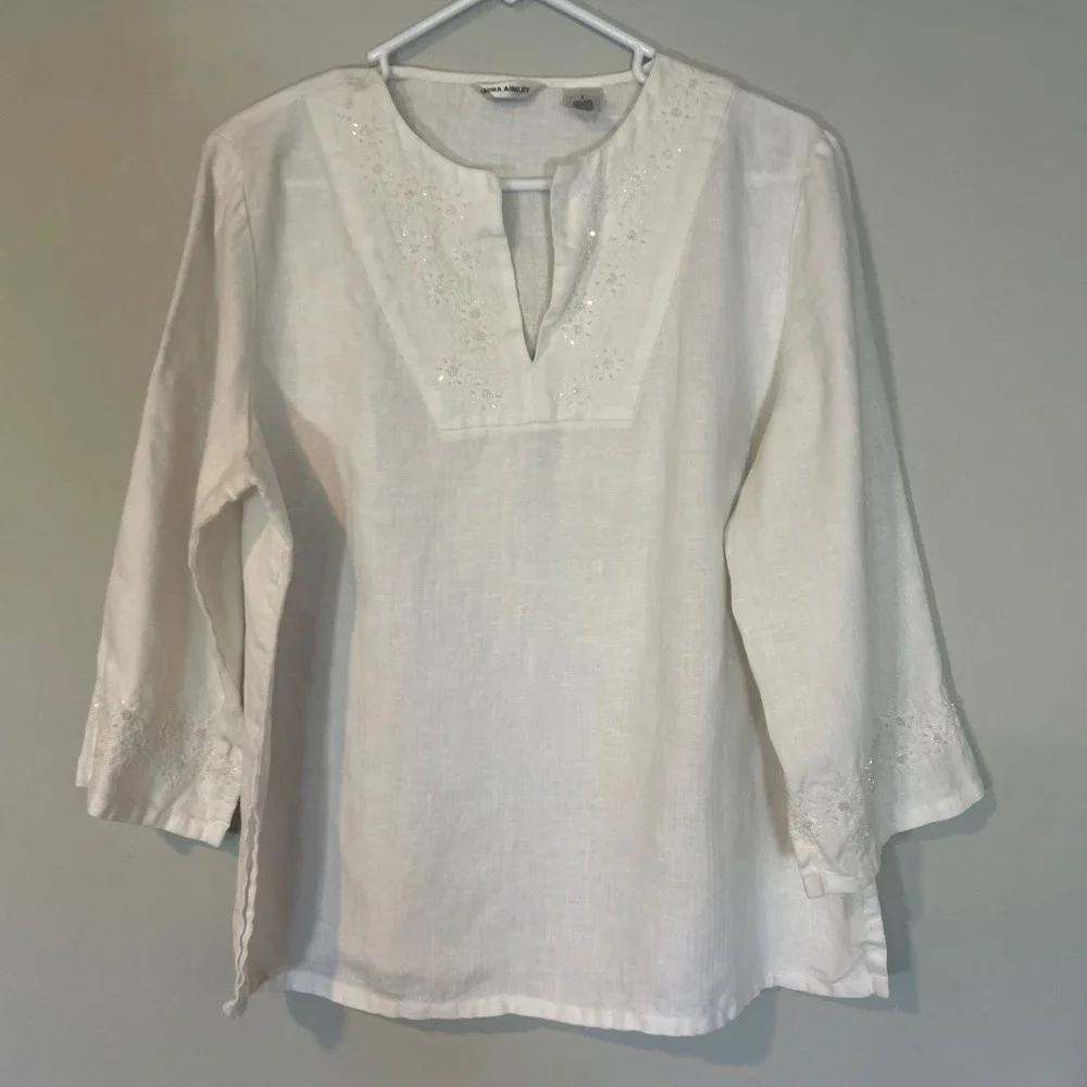 Laura Ashley Womens‎ White Linen Embroidered Sequin Tunic Top Size L Boho