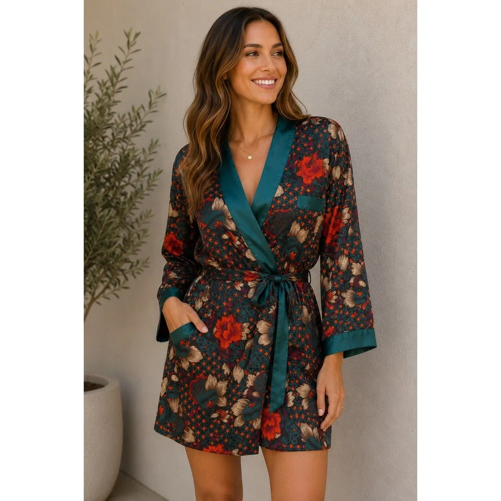 VTG Women's M Satin Robe and Nightgown Set Teal Floral Boho‎ 90s Retro