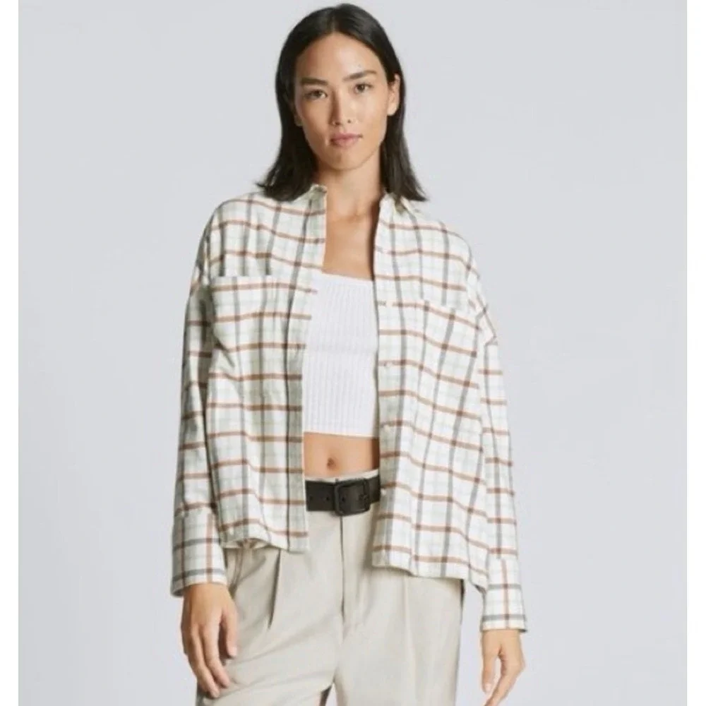 Everlane Womens Relaxed Cotton Flannel Plaid Button Down Shirt‎ S Brown Green