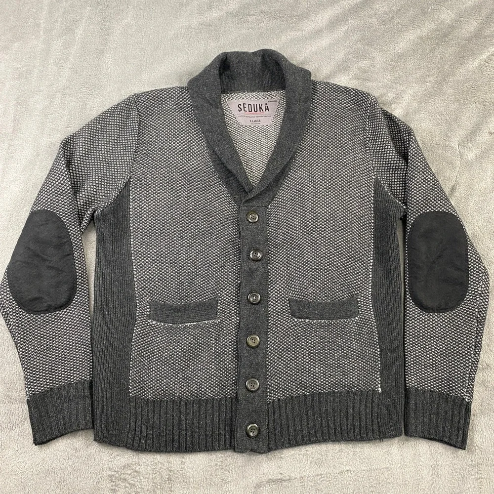 Seduka Sweater Mens XL Lambs wool Blend Shawl Collar Cardigan Elbow Patches Grey