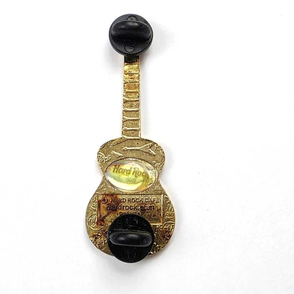 Vintage Hard Rock Cafe Barcelona Gold Tone and Enamel Guitar Brooch Pin