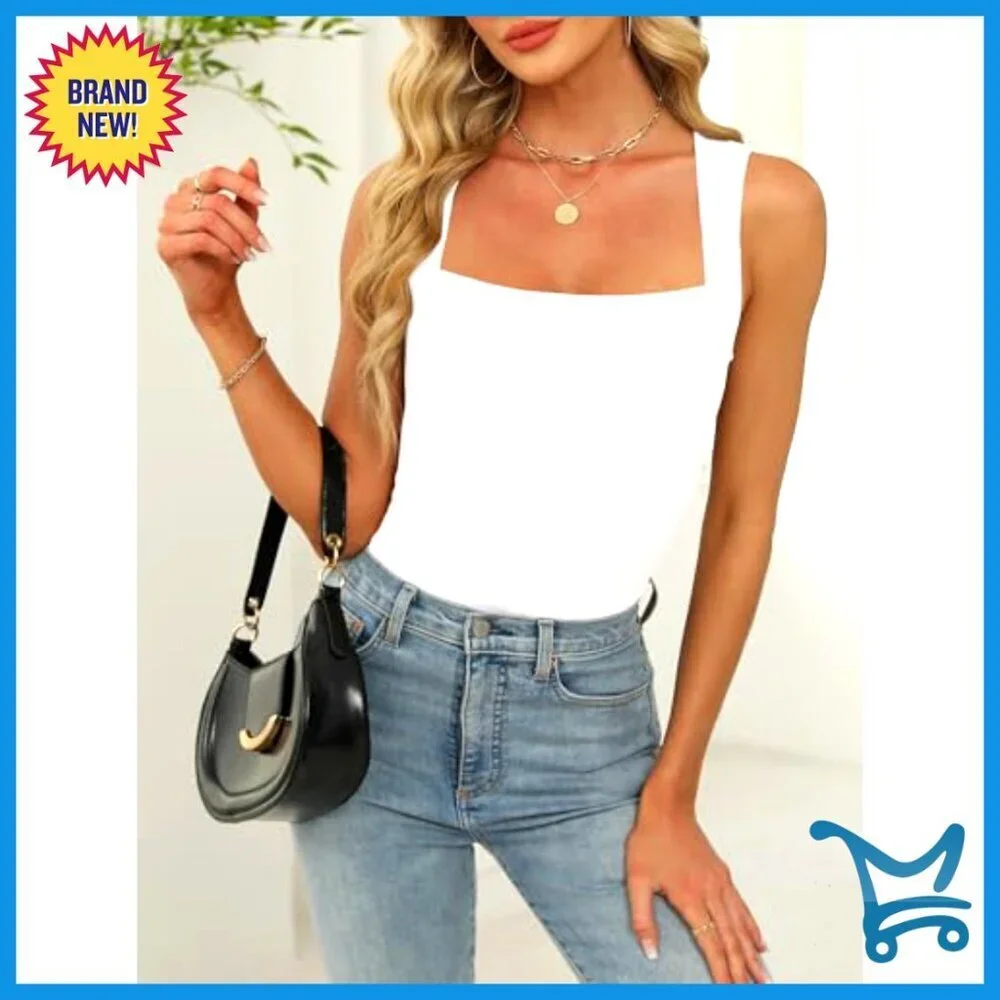 Square Neck Tank Top Slim Fit Knit Summer Basic Tee Sleeveless Chic Casual