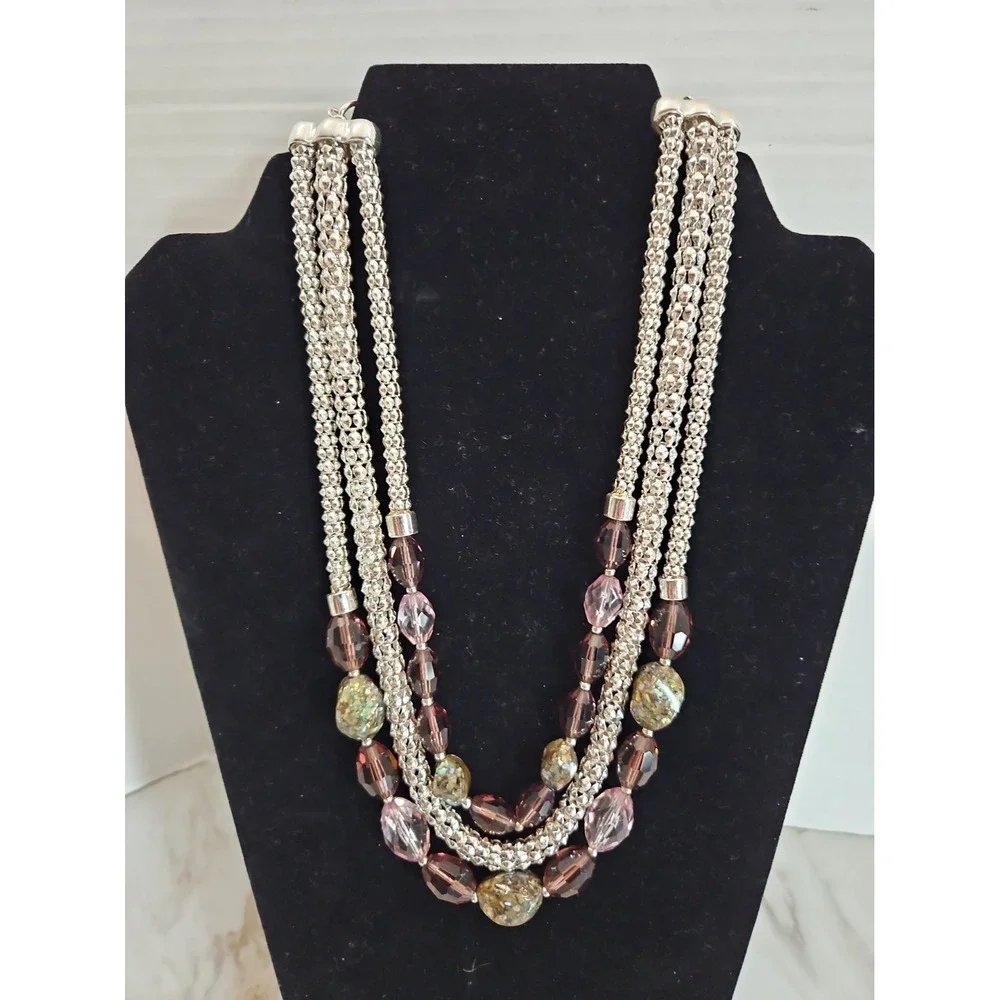 Dana Buchman Faceted Acrylic Purple Lavender Bead Statement Necklace Silver Tone