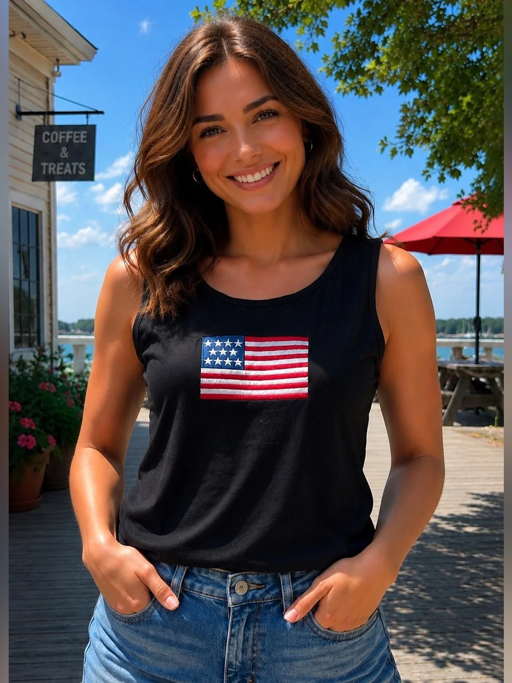 New Zenana Embroidered American Flag Patch Black Tank Top Patriotic Size L