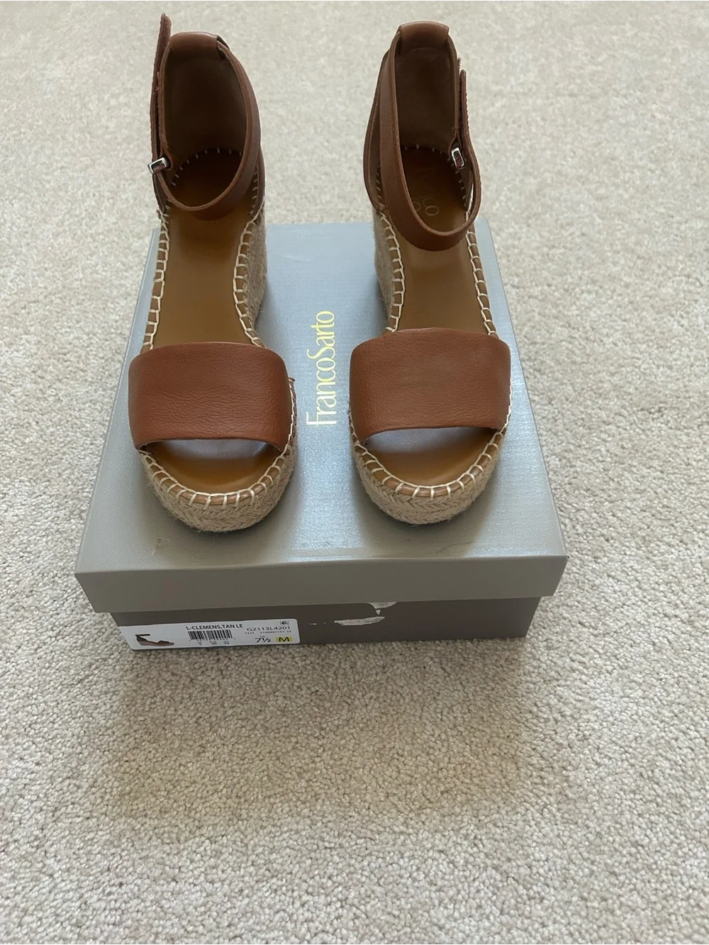 Franco Sarto Tan Leather Espadrille Wedge Sandals with Ankle Strap