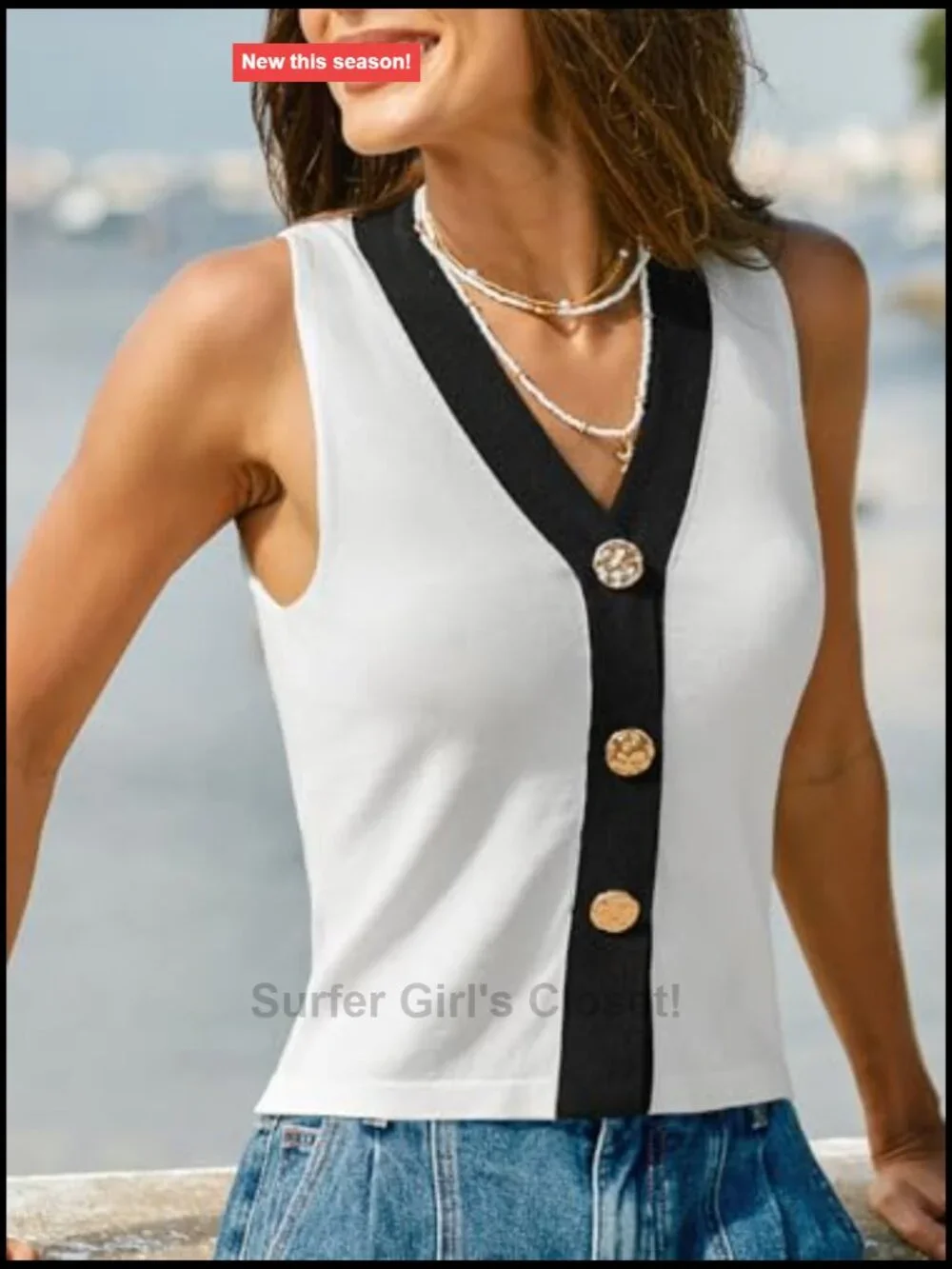 Women's Sleeveless Knit Tank Top with Gold Buttons & Contrast Trim