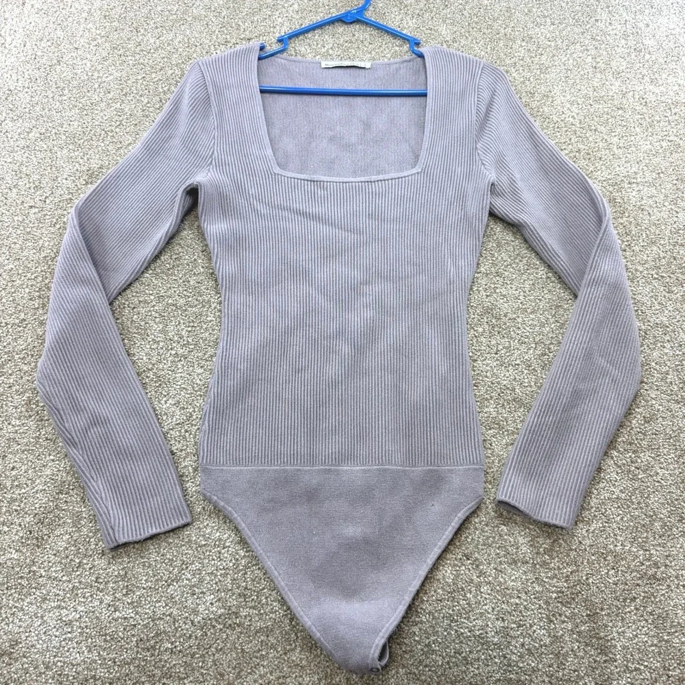 Abercrombie & Fitch Womens Ribbed Square Long Sleeve Bodysuit Mauve Small Y2K