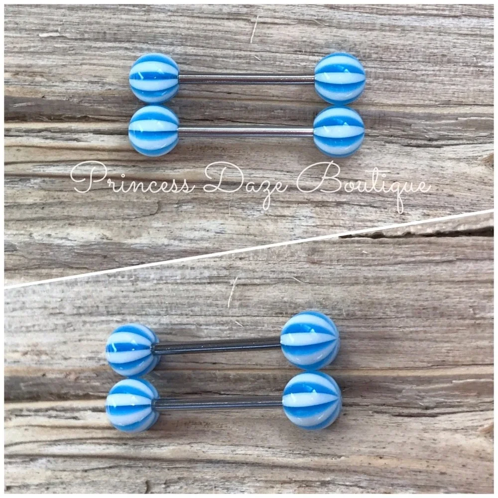 Blue‎ White Striped Nipple Ring Barbell Set Body Jewelry