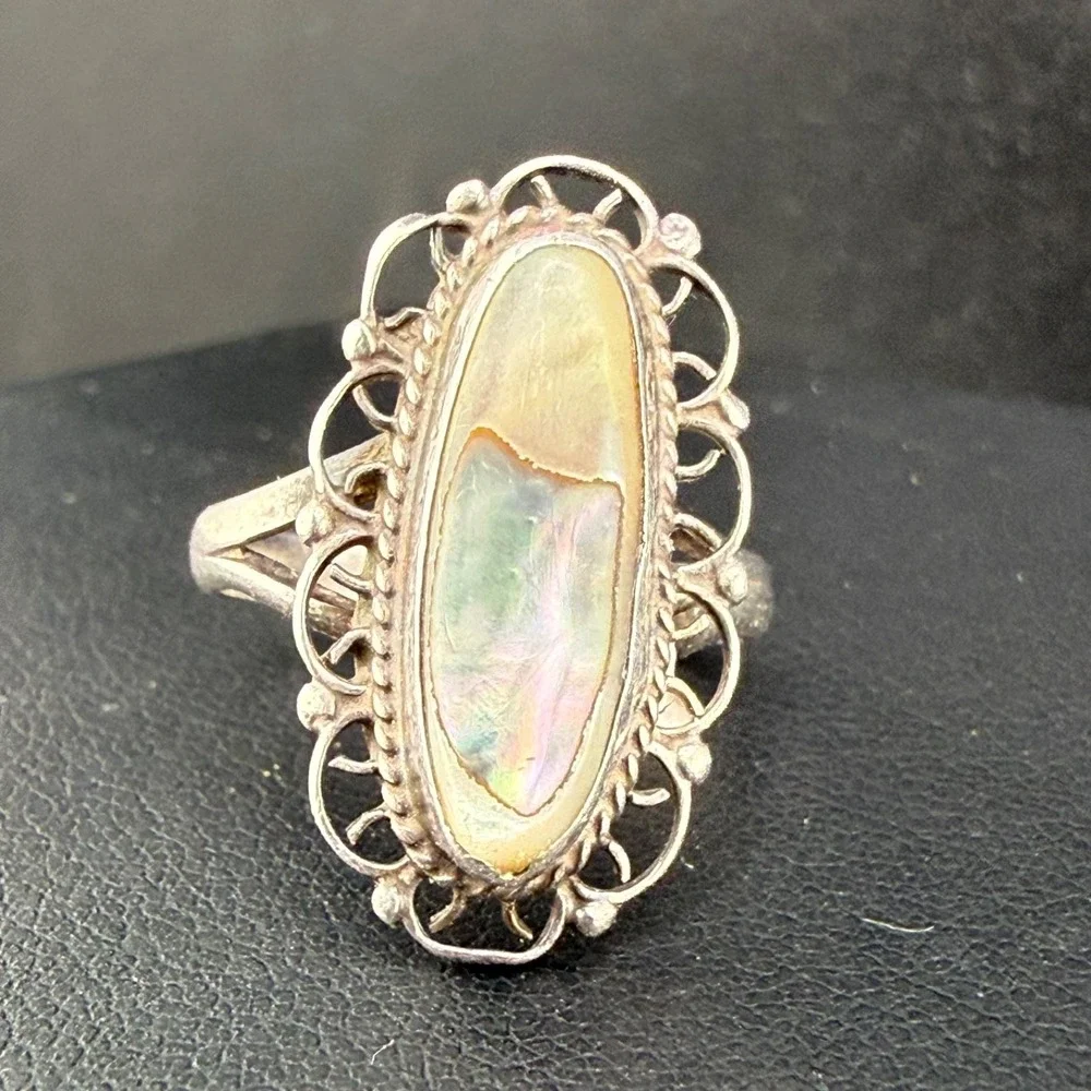 Vintage Mexican Sterling‎ Silver Ring Abalone Signed Size 6