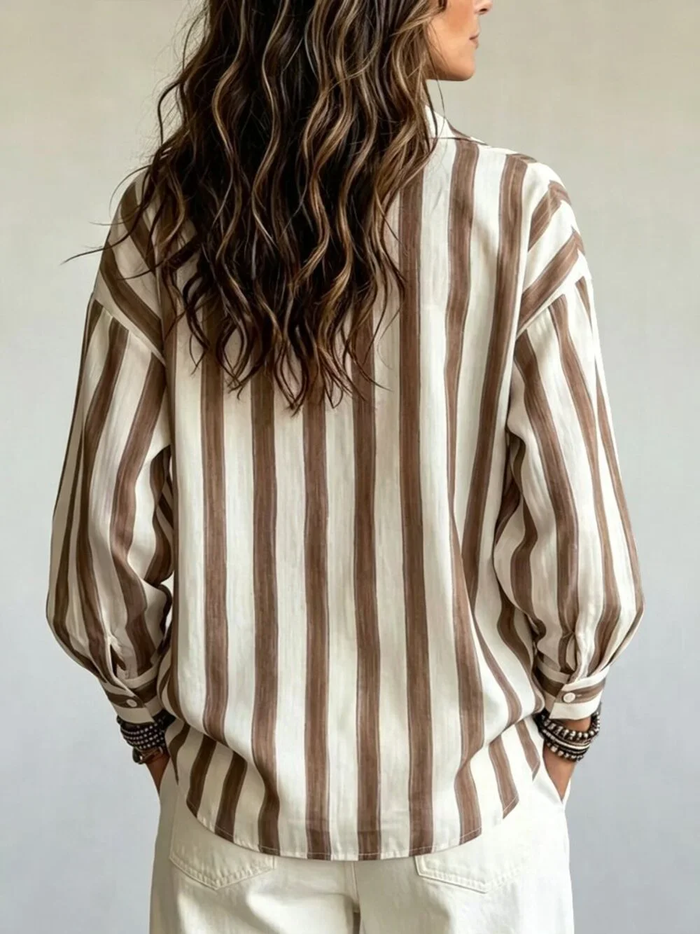 Brown Casual Women's Striped Oversized Long Shirt