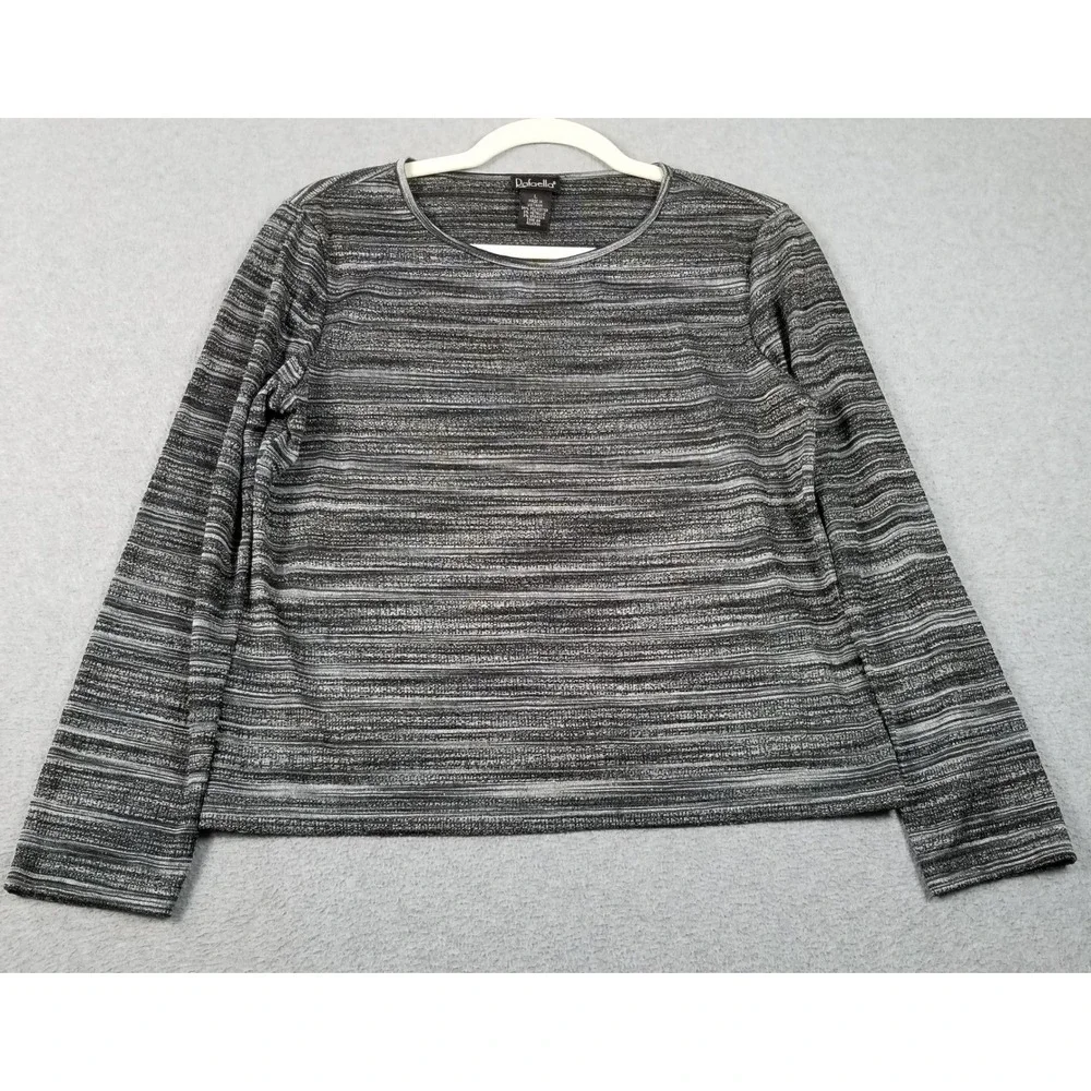 Rafaella‎ Top Women's Large L Black Silver Metallic Shimmer Long Sleeve Stretch