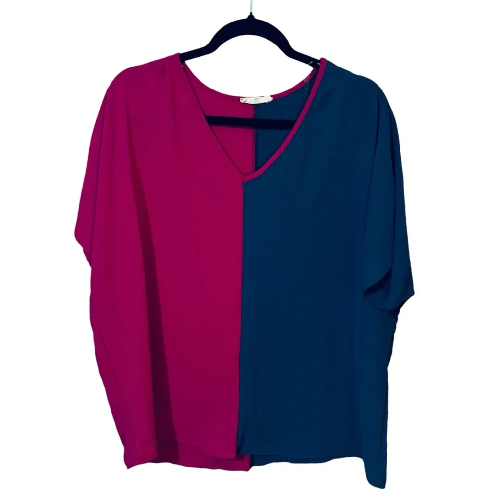 Entro Women's Large Colorblock‎ Boxy Top Shirt Blouse Short Sleeve V Neck