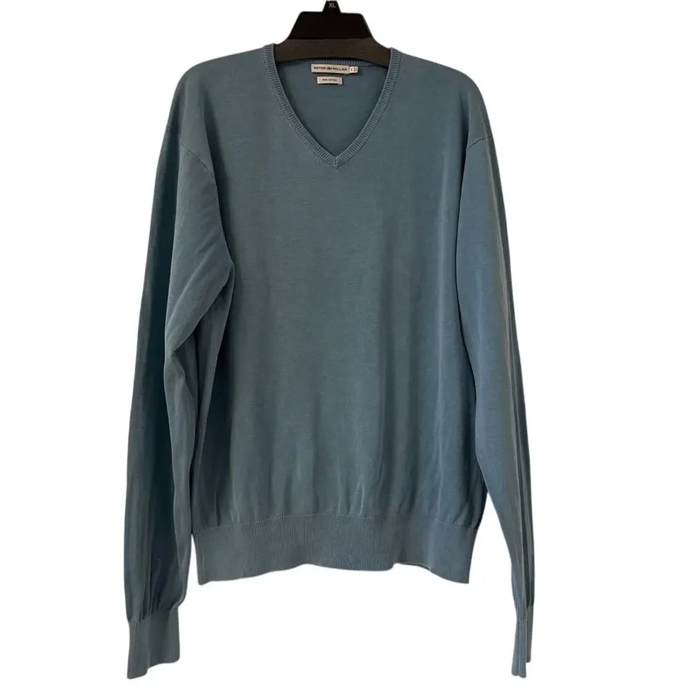 Peter Miller Large 100% Cotton Light Blue V-neck Long Sleeve Sweater Ribbed Hem