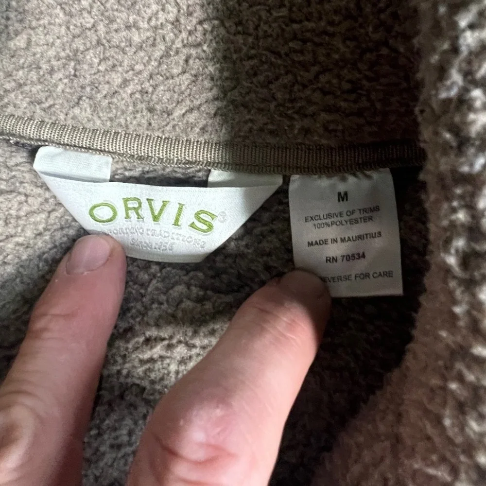 Orvis Fleece Pullover Mens Medium Brown 1/4 Zip Elbow Patches Sherpa Collar
