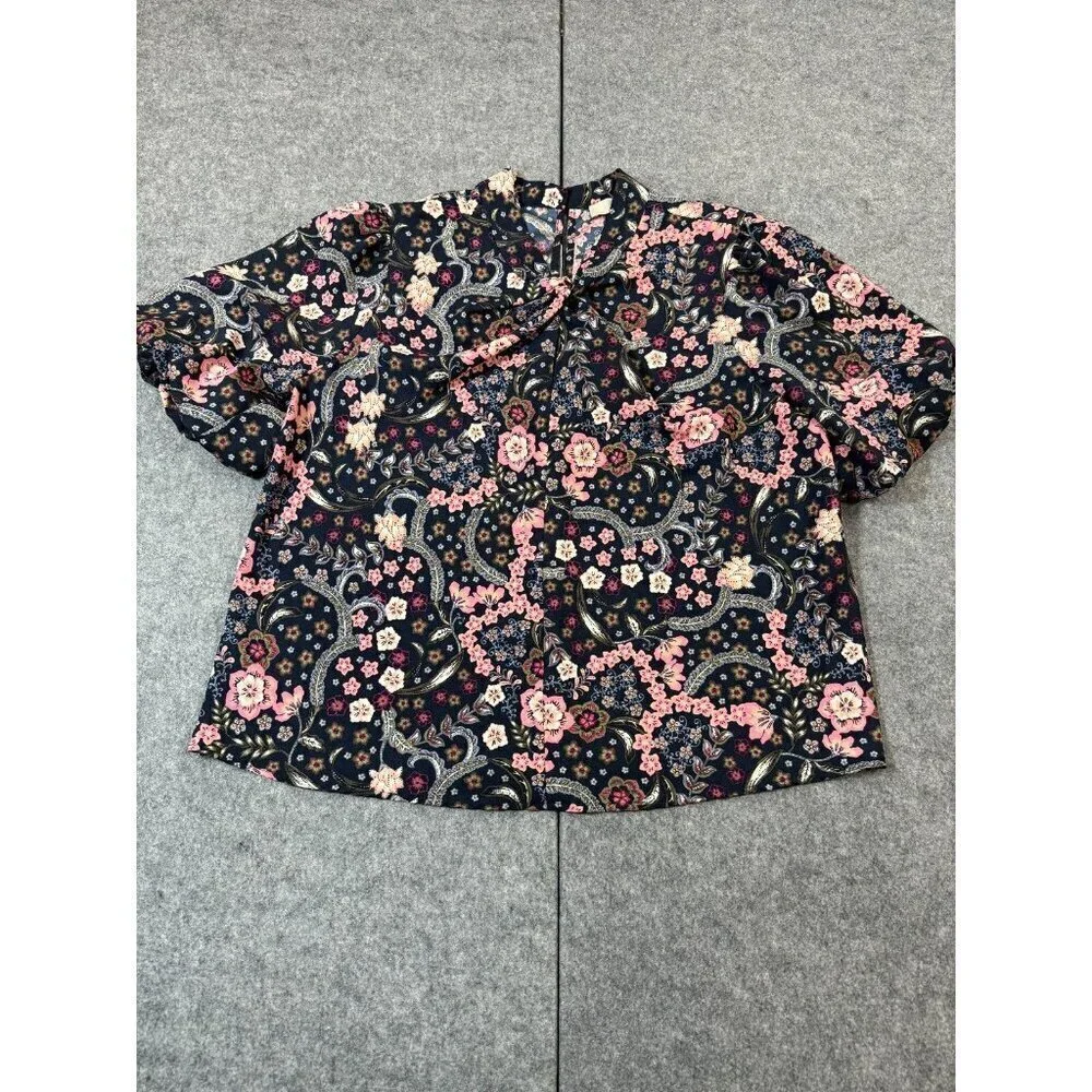 Loft Blouse Top Womens Large Multi Floral Bloom Twist Bubble Sleeve Keyhole Back