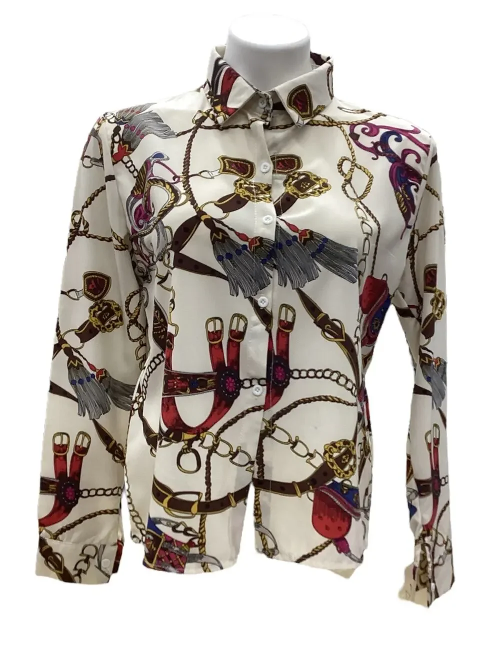 Vintage Women’s Top Size S Lightweight Saddle Print Off White And Multicolor