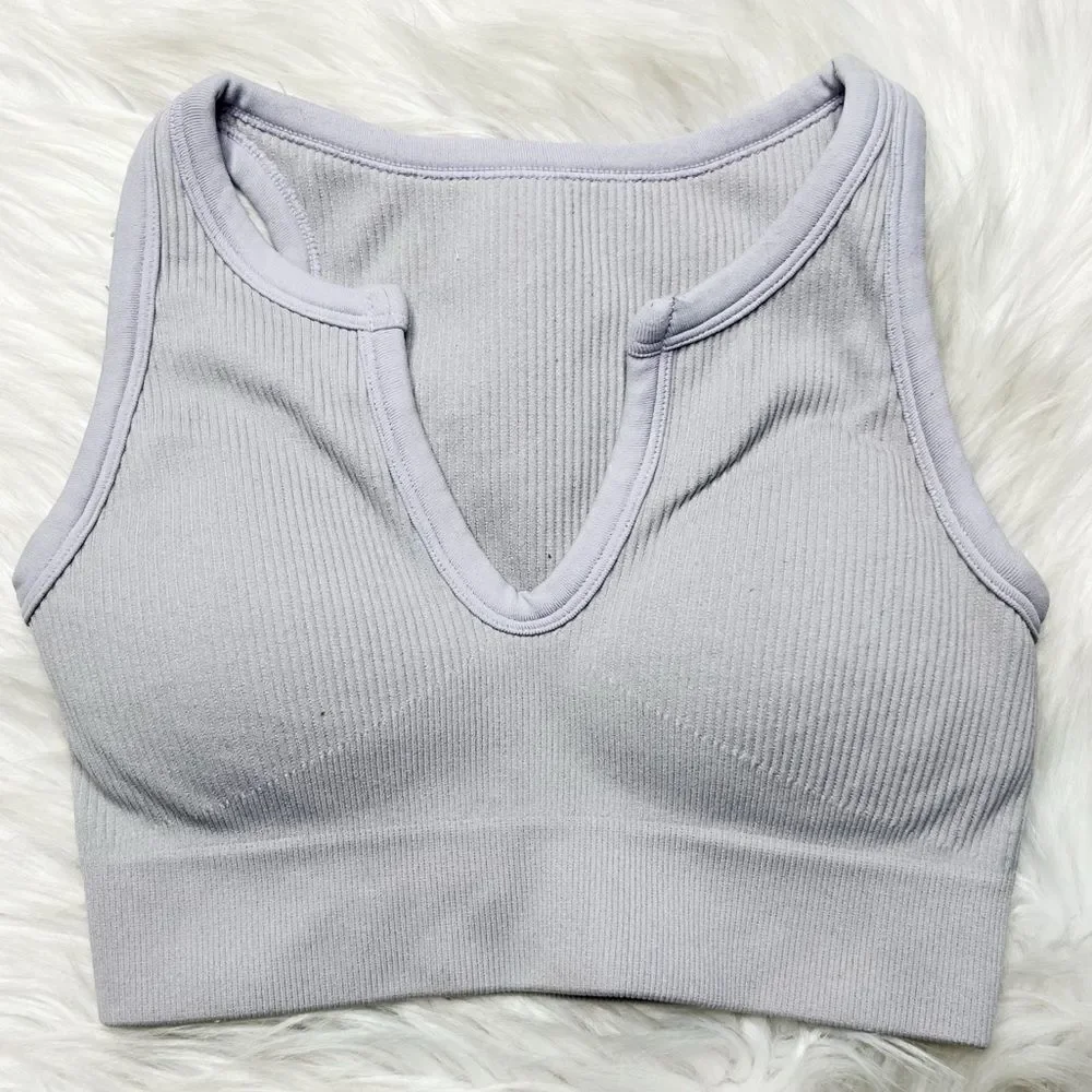Ribbed Padded Athletic Crop Top Purple Grey Size XS
