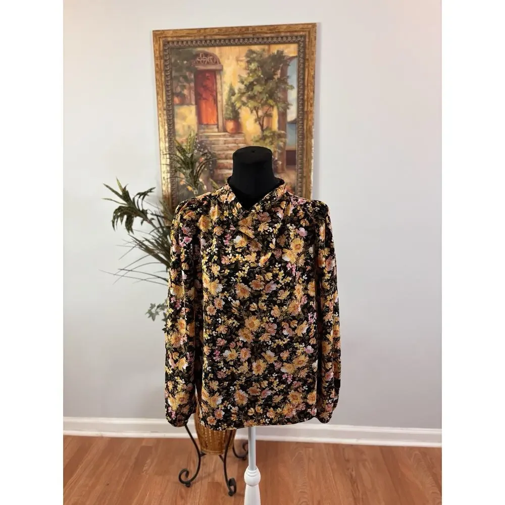 Pleione‎ Women Blouse M Retro Cottagecore Long sleeve High Keyhole Neck Boho